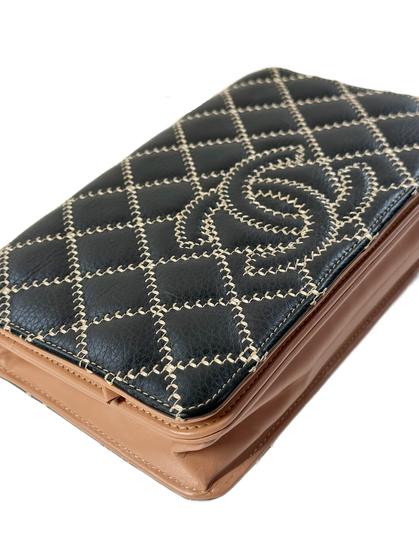 Chanel Black Calfskin Beige CC Wild Stitch Wallet on Chain