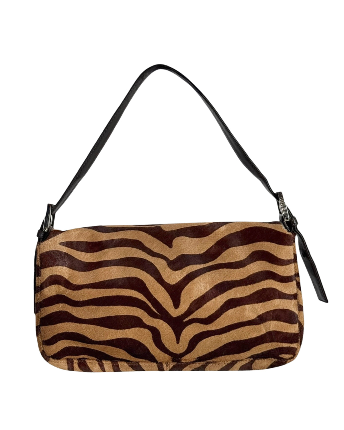 Fendi Vintage Brown Zebra Print Pony Hair Shoulder Baguette Bag