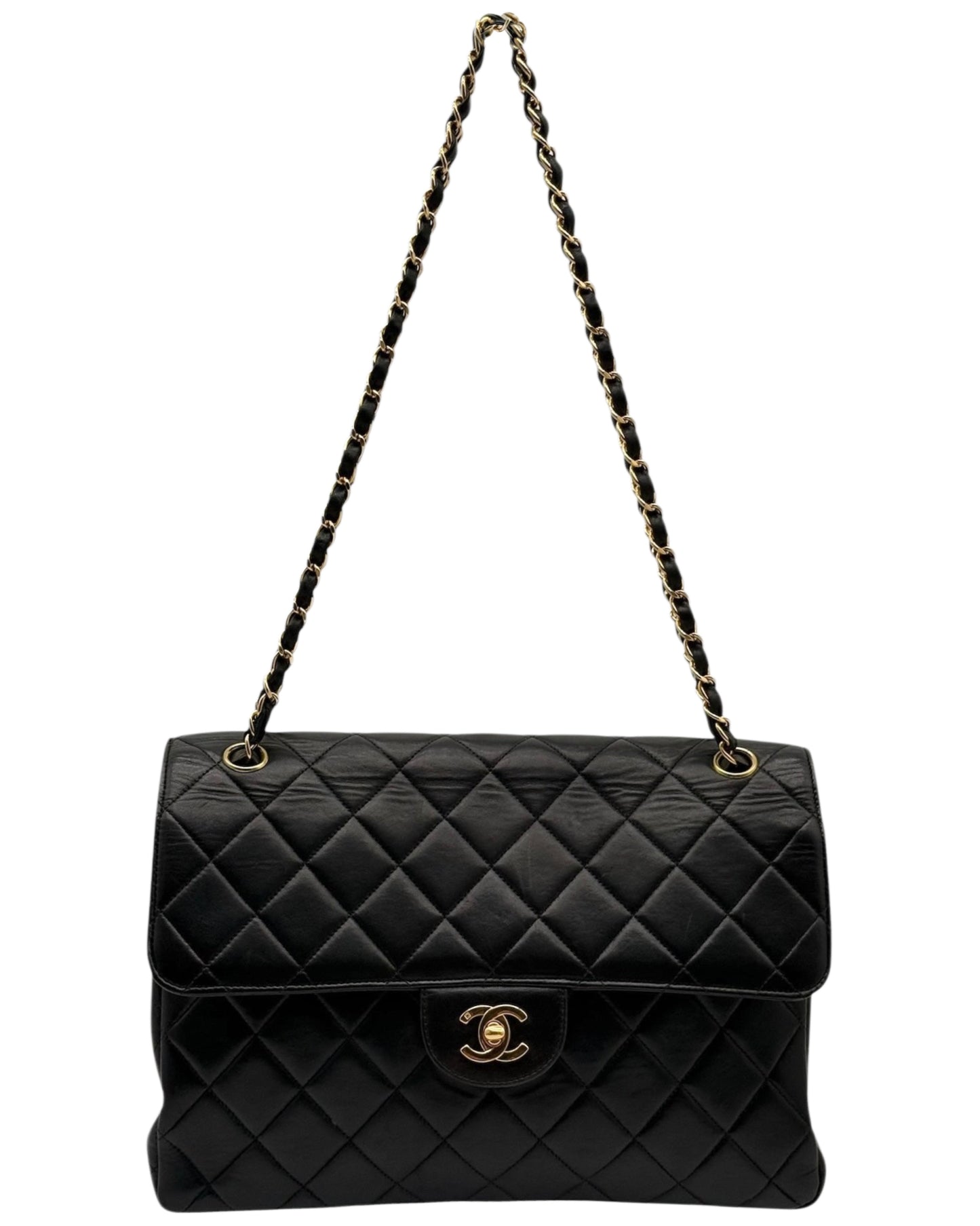 Chanel Vintage 90s Black Lambskin Two-Faced Double Sided Maxi Flap Bag with 24K GPHW