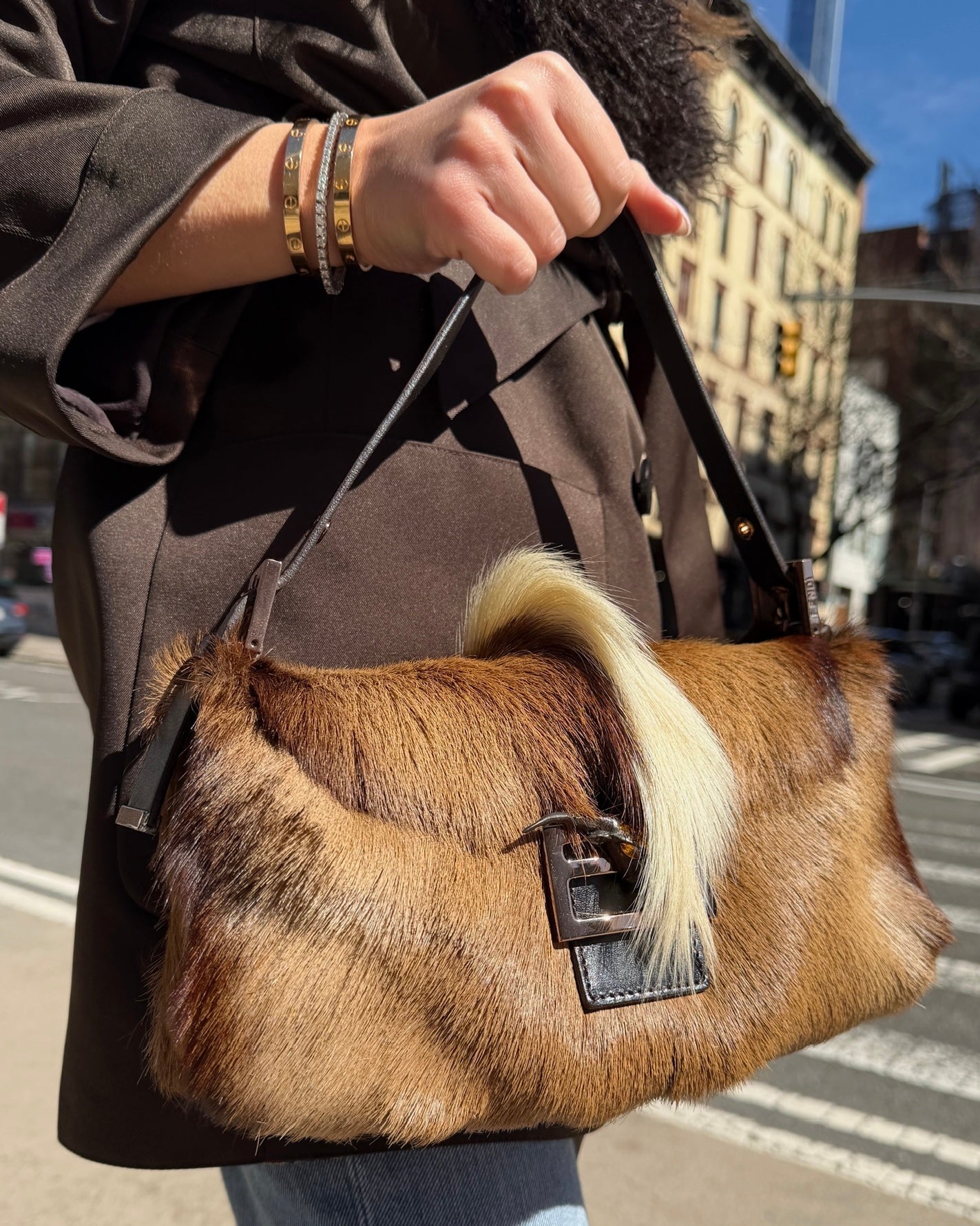 Fendi Vintage Light Brown Pony Hair Antelope Mohawk Shoulder Baguette Bag