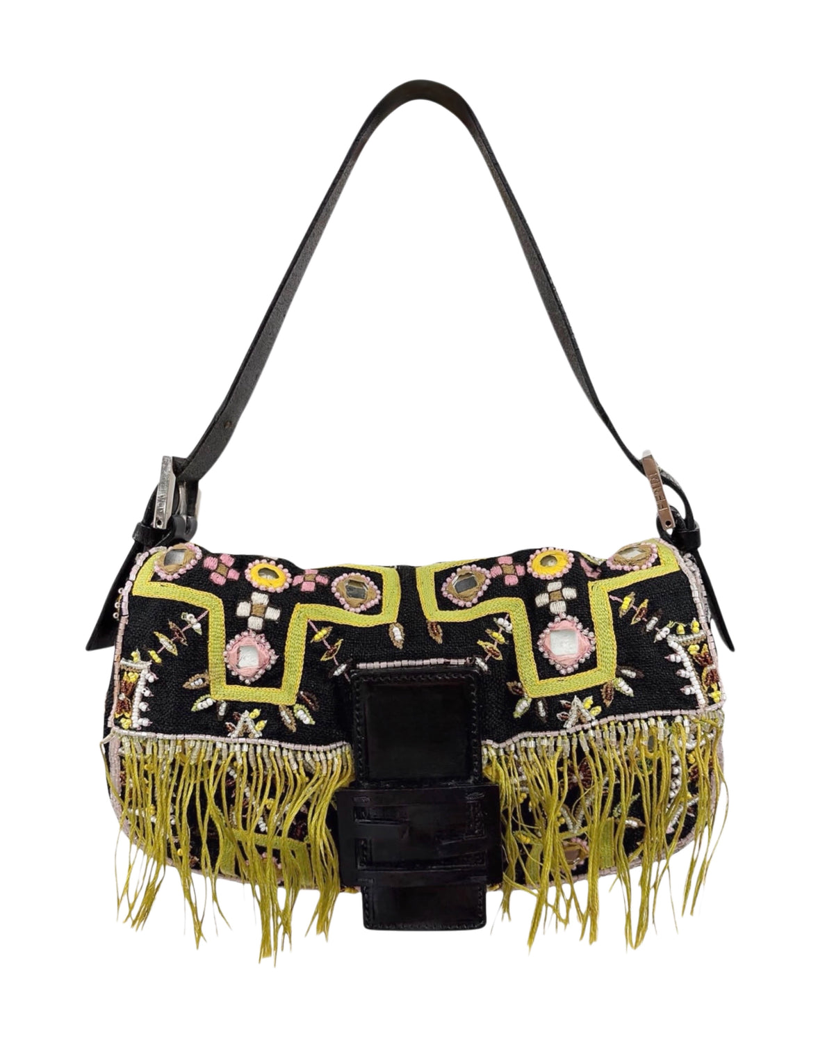 Fendi Vintage Late 90s Black Knit Embroidered Pink Beaded Green Fringe Embellished Shoulder Baguette Bag
