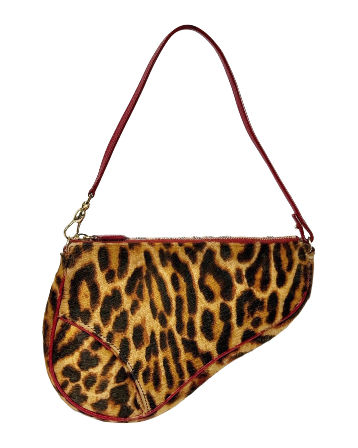 Dior Vintage 2004 Leopard Print Pony Hair Red Trim Mini Saddle Pochette Shoulder Bag