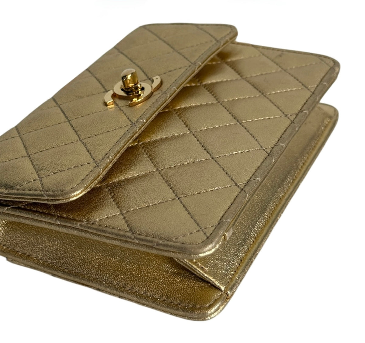 Chanel Vintage 90’s Metallic Gold Quilted Lambskin Micro Mini Square Flap Bag with 24K GPHW