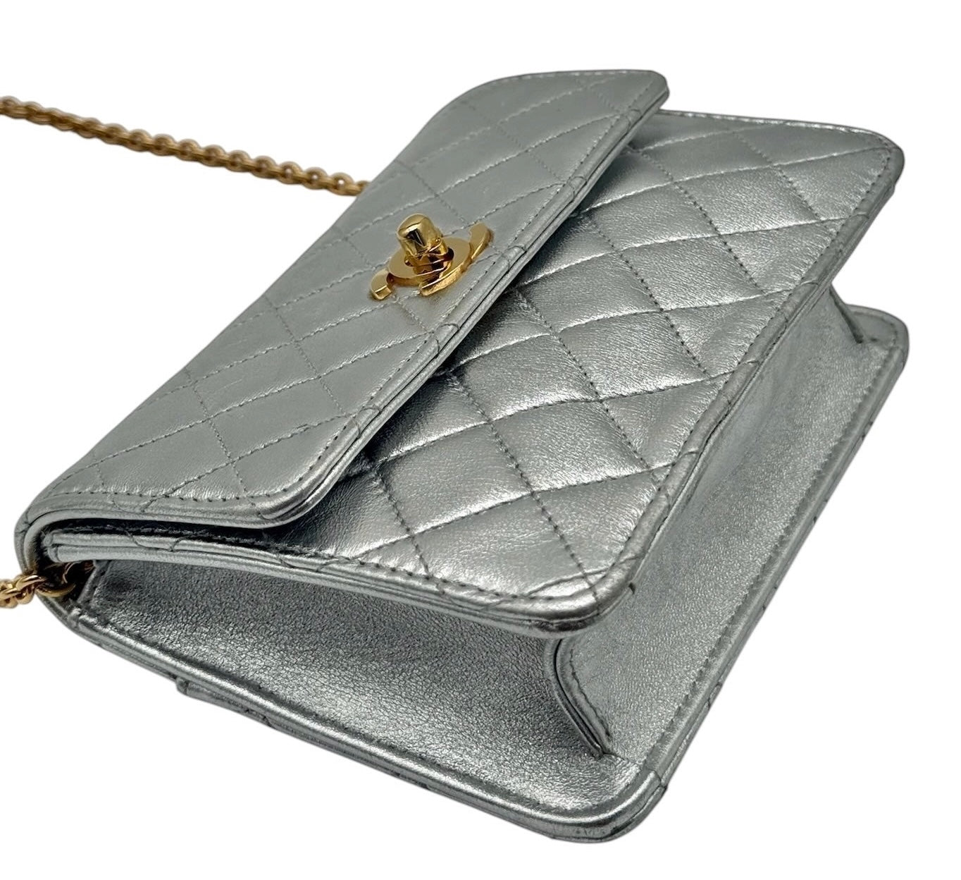 Chanel Vintage 90’s Metallic Silver Quilted Lambskin Micro Mini Square Flap Bag with 24K GPHW