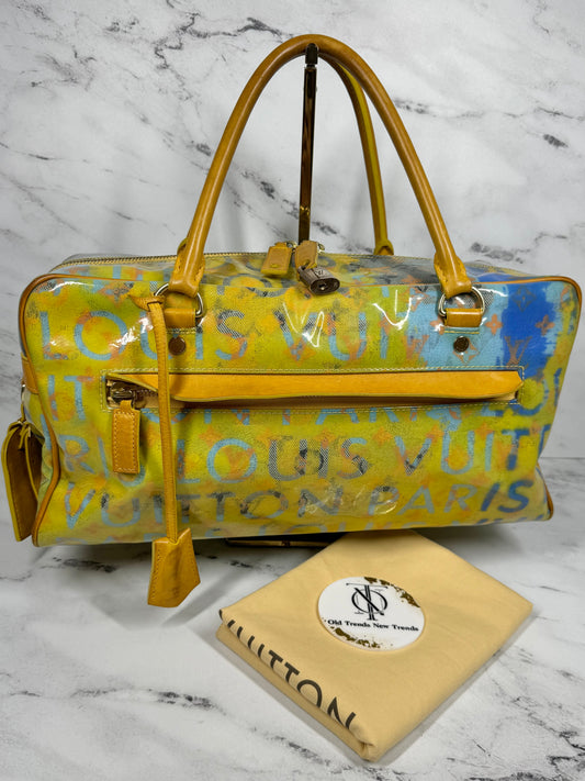 Louis Vuitton x Richard Prince 2008 Yellow Denim Monogram Pulp Defile Weekender PM