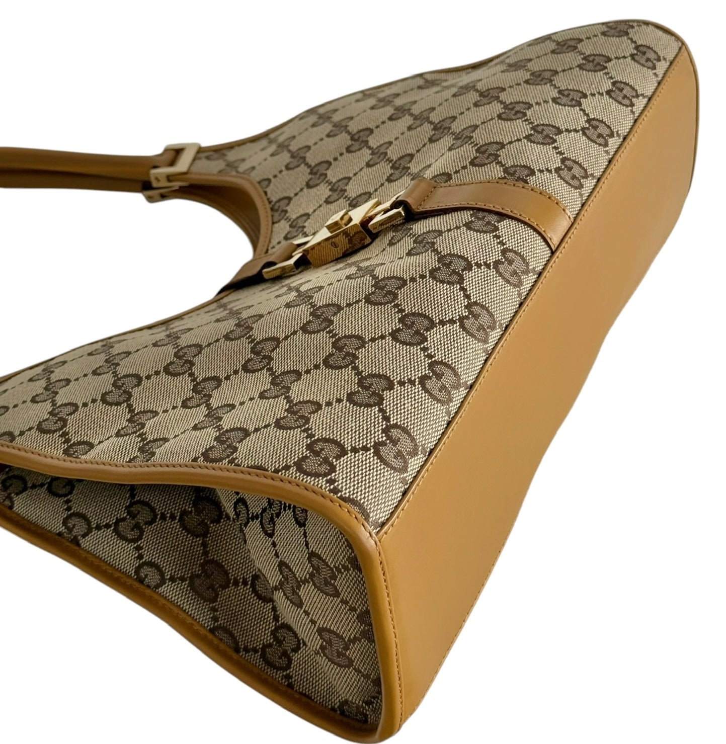 Gucci Vintage Brown GG Monogram Light Brown Leather Trim Medium Jackie Shoulder Bag