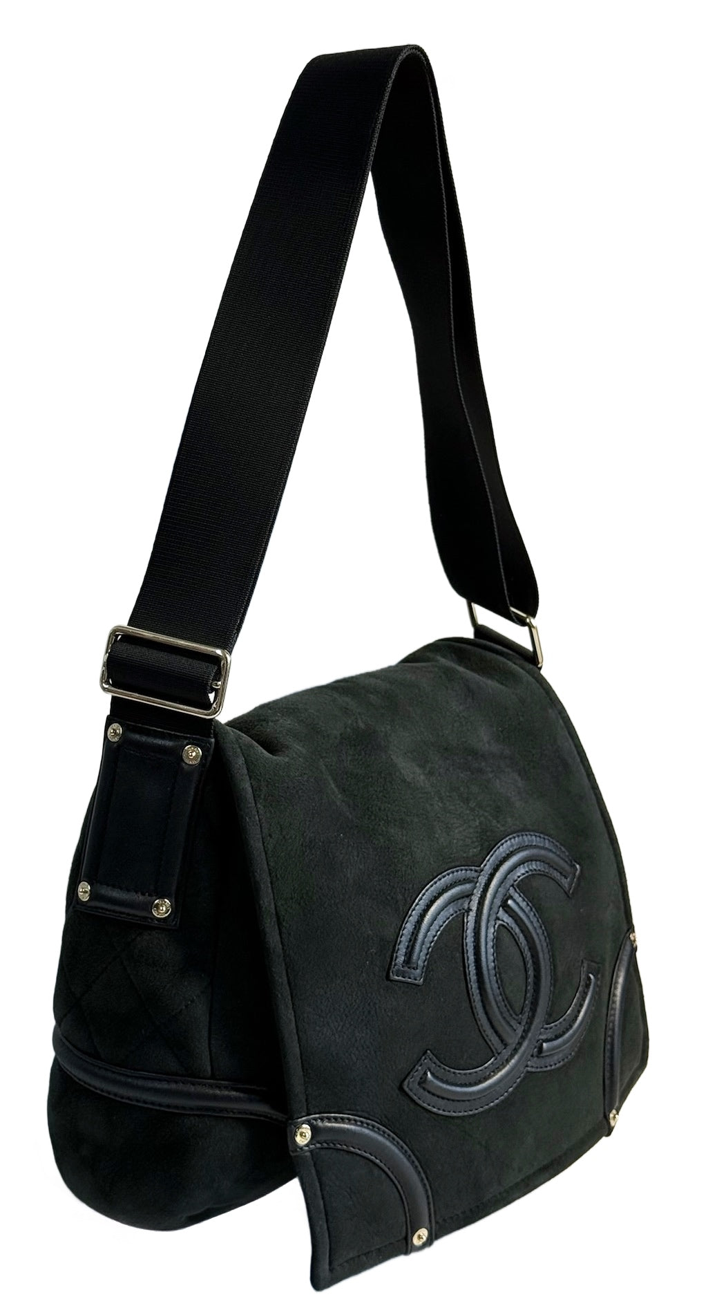 Chanel Vintage Black Micro Suede Shearling Trim CC Logo Small Shoulder Messenger Bag