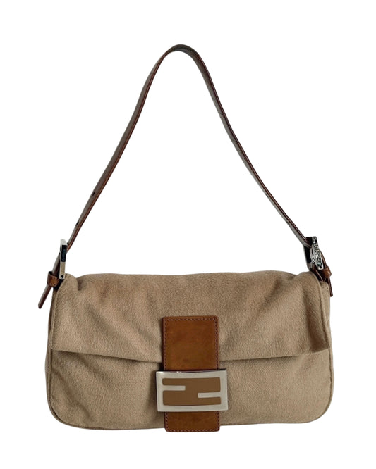 Fendi Vintage Beige Cashmere Shoulder Baguette Bag with Brown Leather Trim