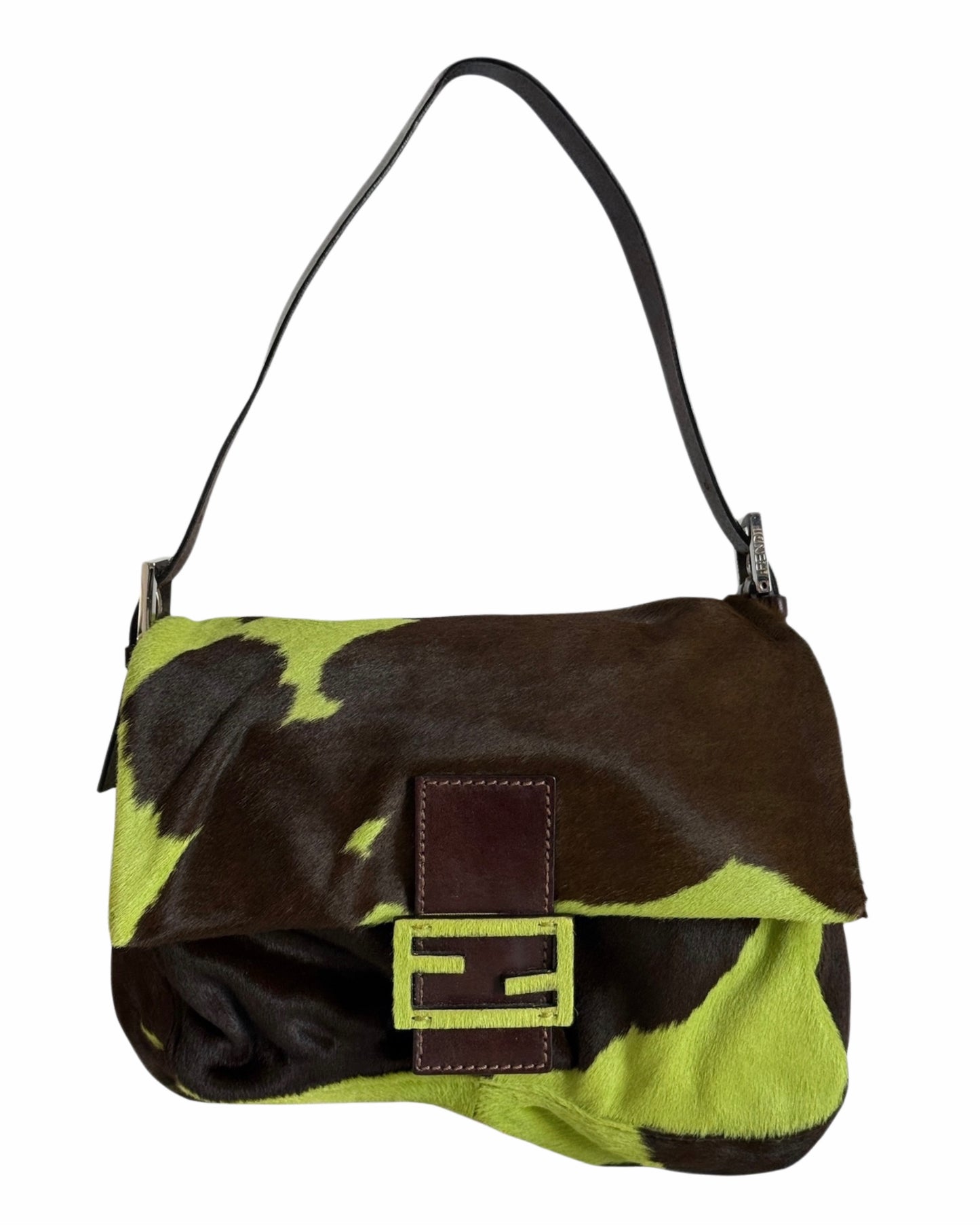 Fendi Vintage Green Pony Hair Cow Print Mamma Baguette Shoulder Bag 