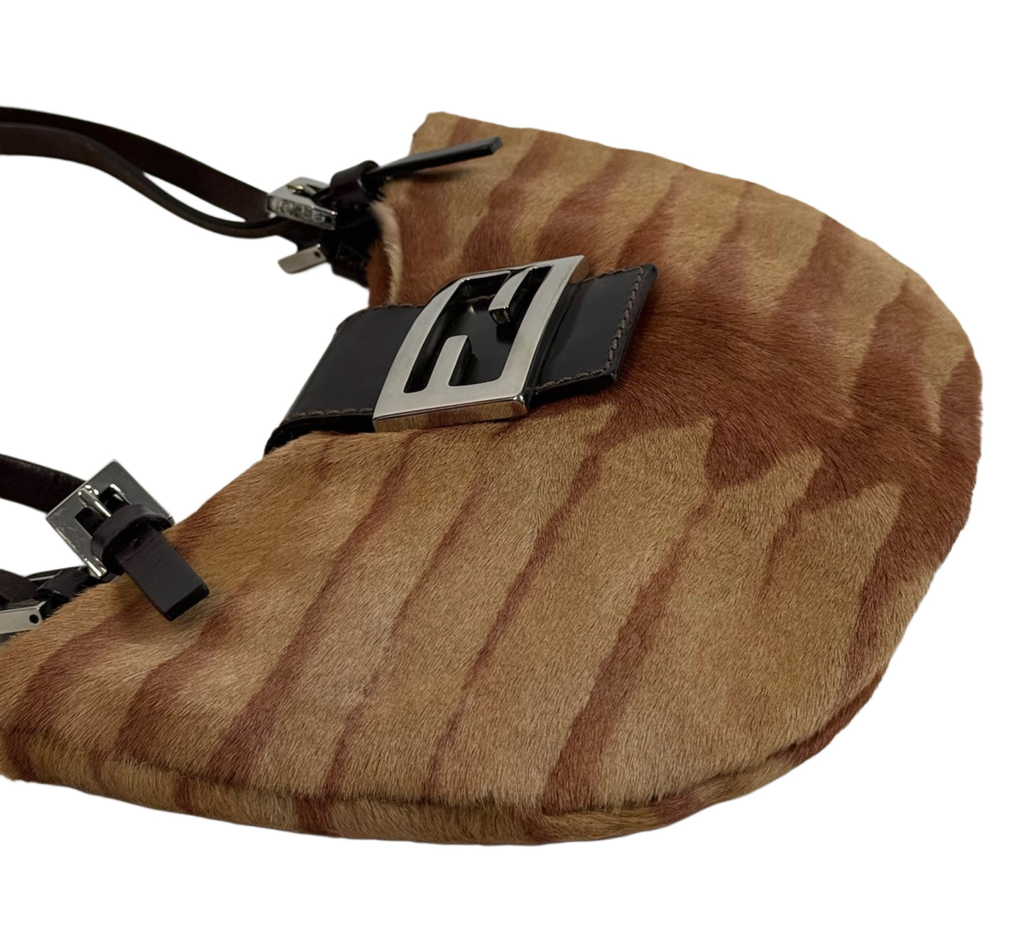Fendi Vintage Brown Animal Print Pony Hair Half Moon Mini Shoulder Baguette Bag