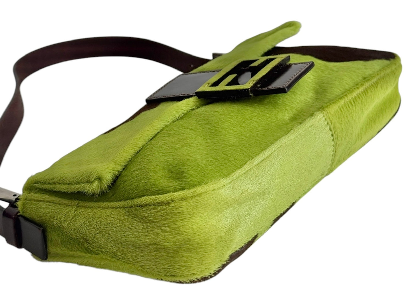 Fendi Vintage Green Cow Print Pony Hair Shoulder Baguette Bag