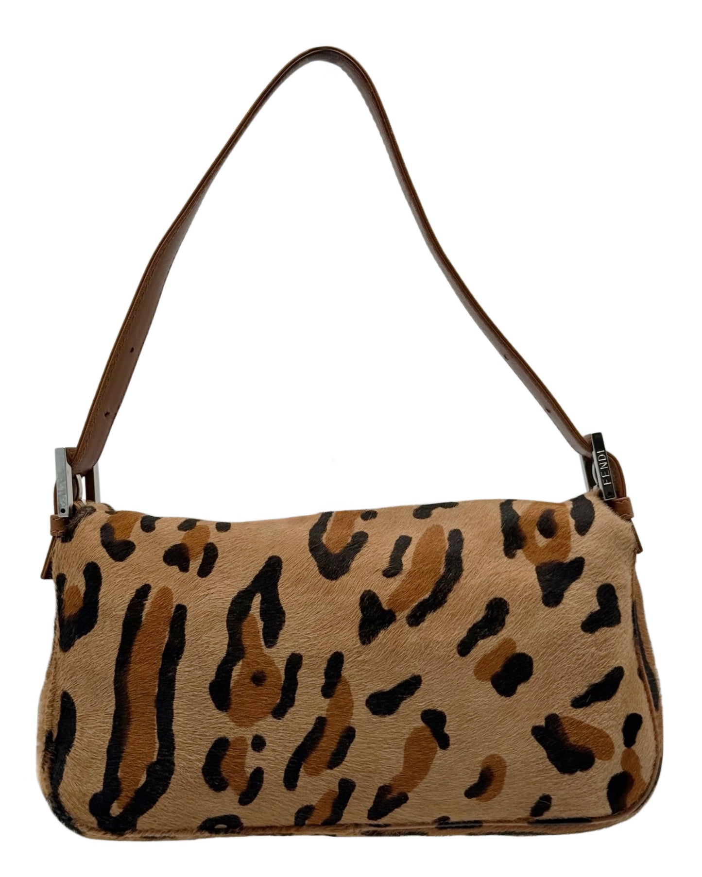 Fendi Vintage Beige Leopard Print Pony Hair Shoulder Baguette Bag