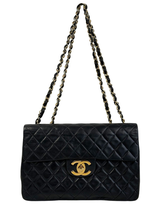 Chanel Vintage 90s Black Quilted Lambskin Jumbo XL Maxi CC Shoulder Classic Flap Bag
