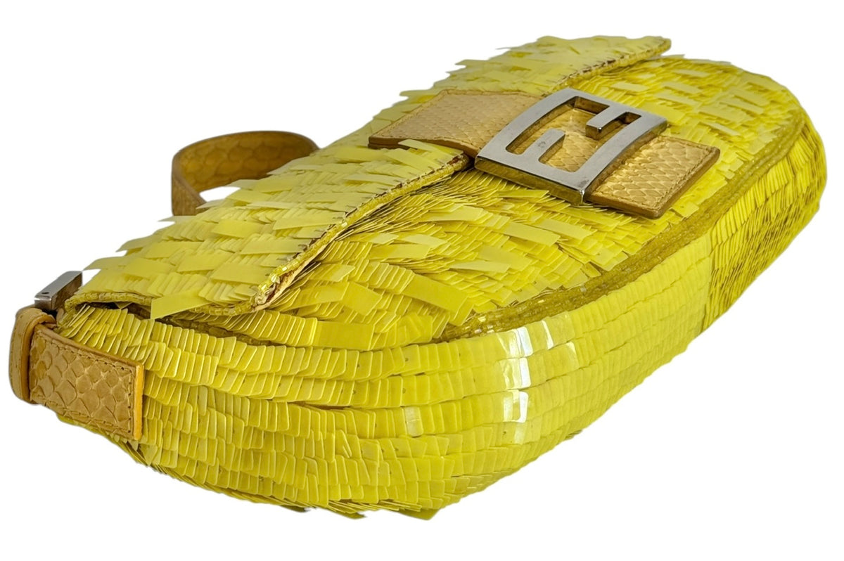 Fendi Vintage Neon Yellow Palliates Sequin Beaded Shoulder Baguette Bag with Python Trim