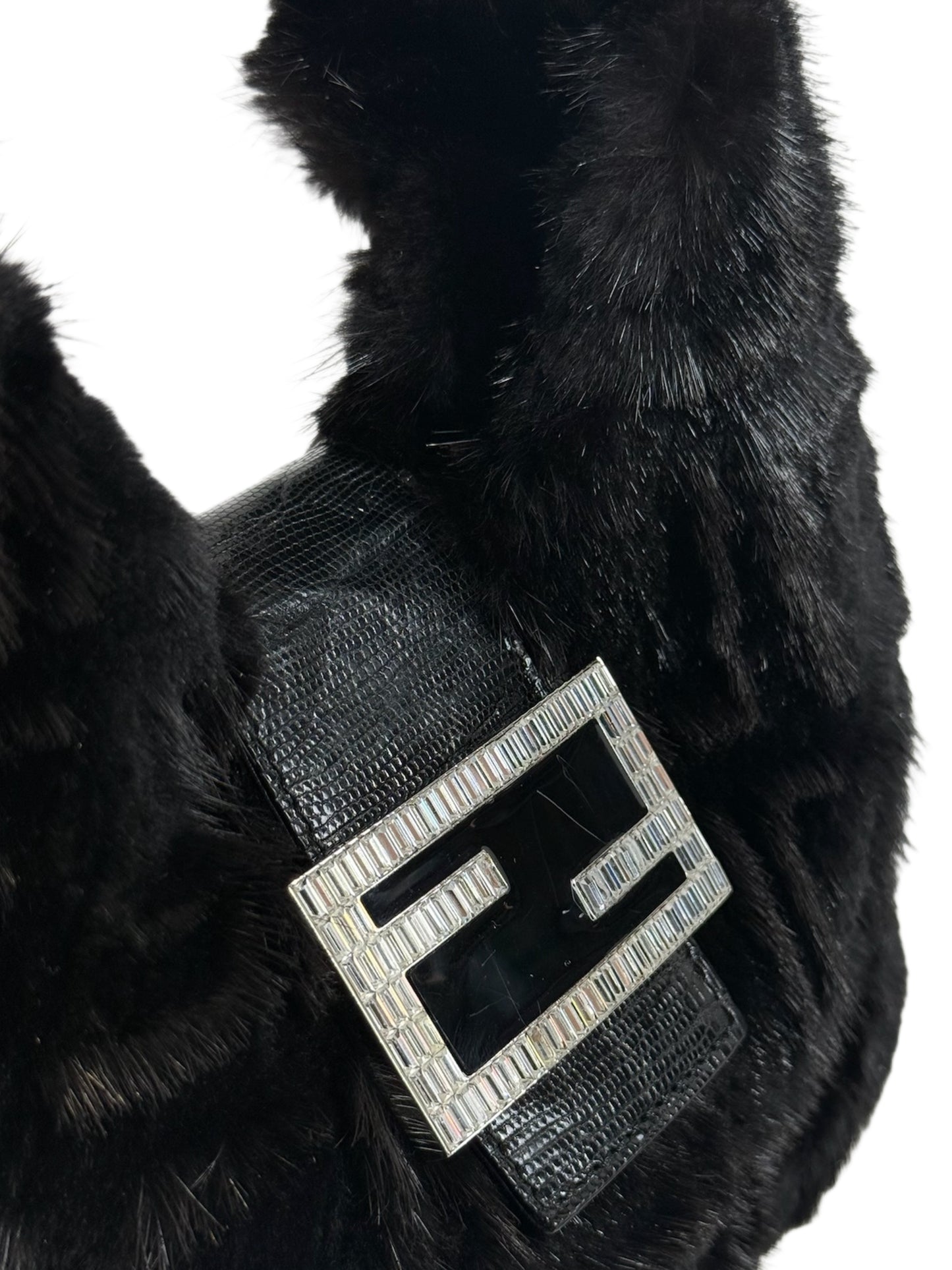 Fendi Vintage Black Zucca Mink Fur Crystal Logo Lizard Trim Shoulder Hobo Mini Baguette Bag