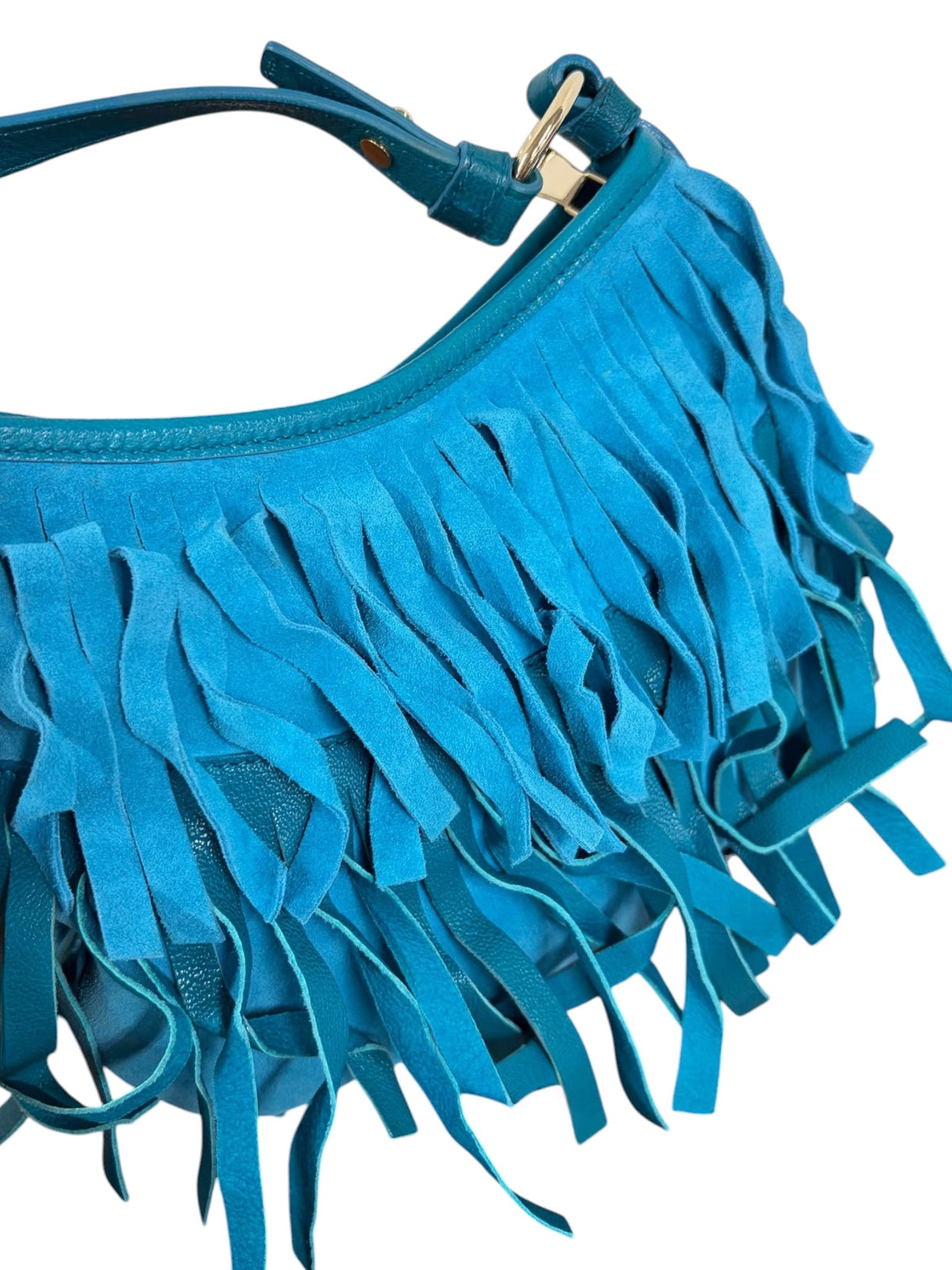 Yves Saint Laurent / YSL Vintage Turquiose Suede Boheme Fringe Mini / Small Hobo Shoulder Bag