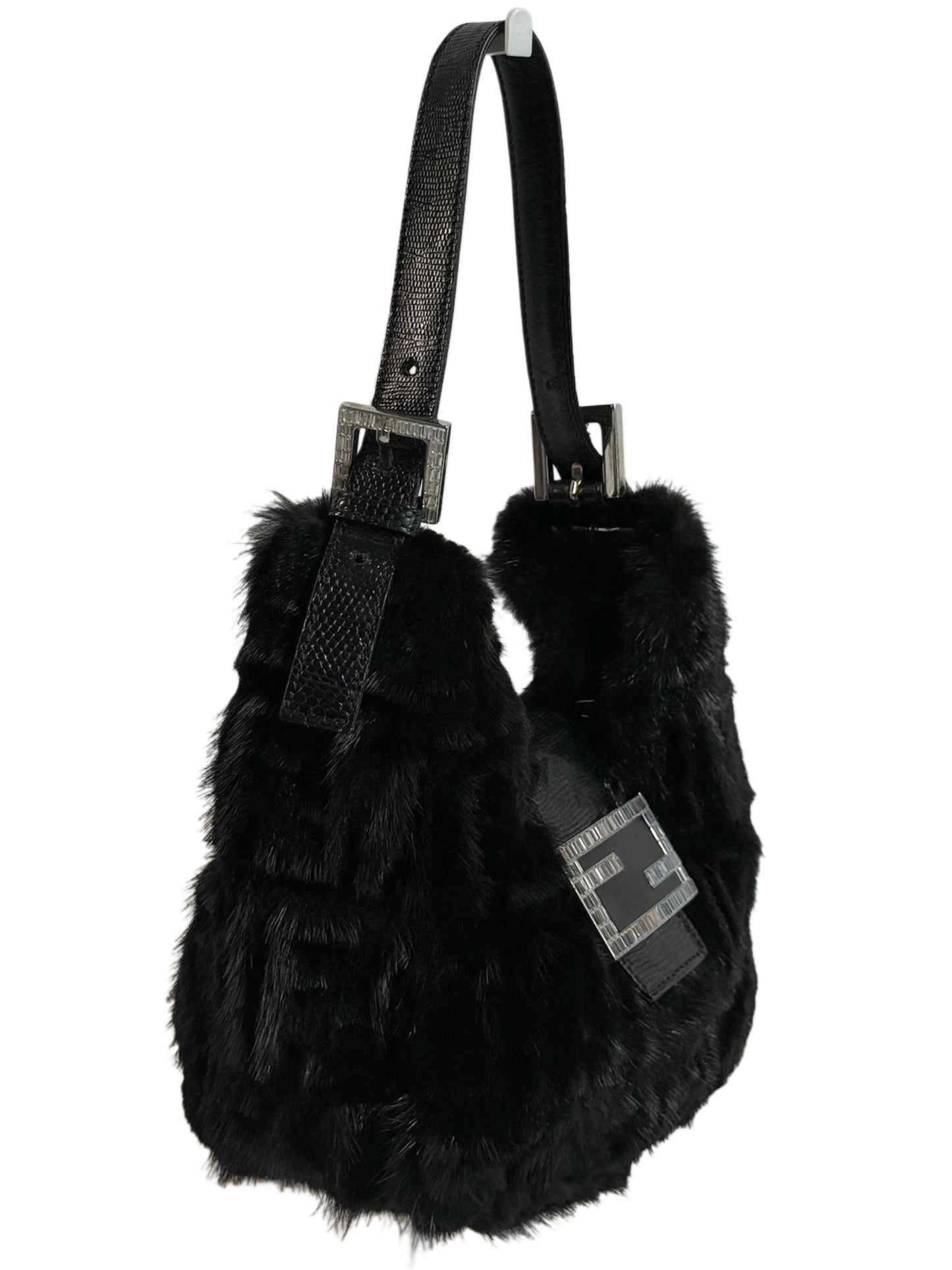 Fendi Vintage Black Zucca Mink Fur Crystal Logo Lizard Trim Shoulder Hobo Mini Baguette Bag