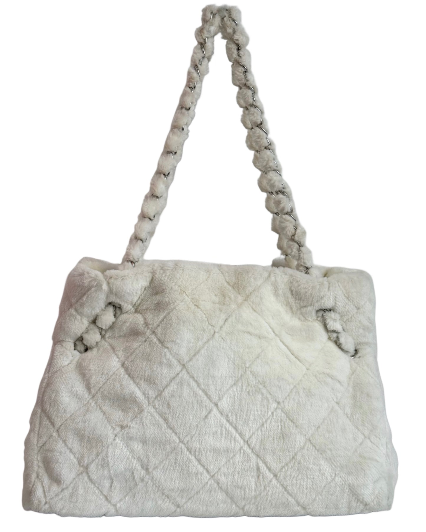 Chanel Vintage White Quilted Fantasy Fur Camellia Tote Bag