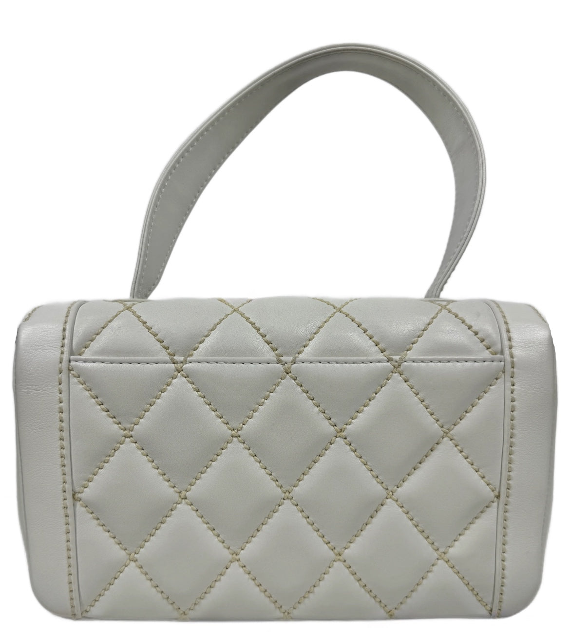 Chanel Vintage 2005 White Quilted Calfskin Leather Wild Stitch Medium Top Handle Classic Flap Bag w 24K Gold Plated Hardware