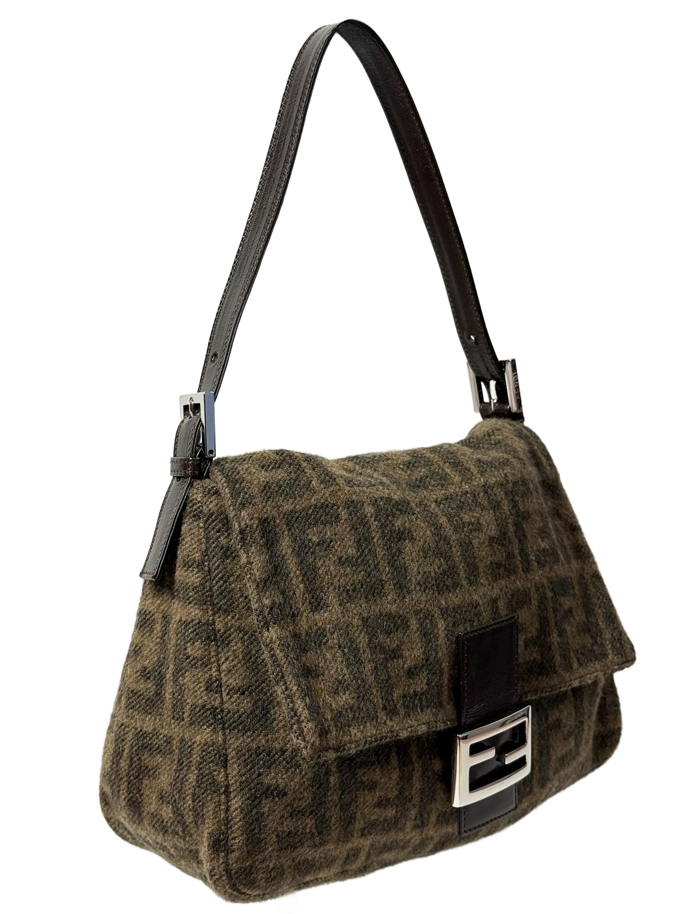 Fendi Vintage Brown Zucca Monogram Knit Wool Mamma Baguette Shoulder Bag