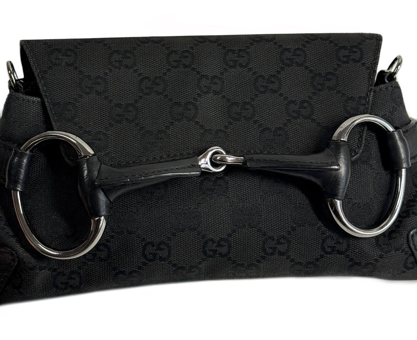 Gucci Vintage Black GG Monogram Small Horsebit Shoulder Clutch Pochette Bag