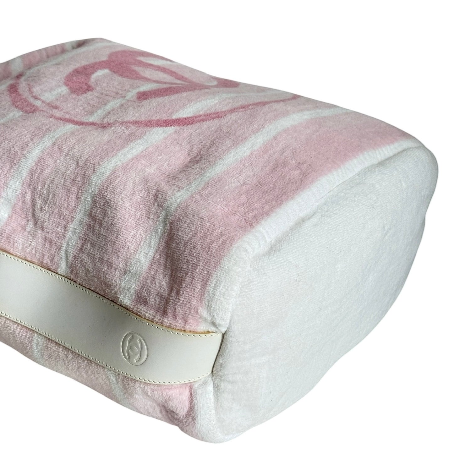 Chanel Vintage Pink and White Striped Terrycloth Large CC Logo Beach Backpack Duffle Bag 