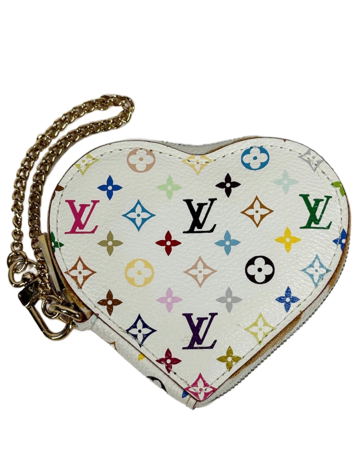 Louis Vuitton Vintage Multicolor Blanc / White Monogram Heart Coin Purse Bag Charm Key Pouch
