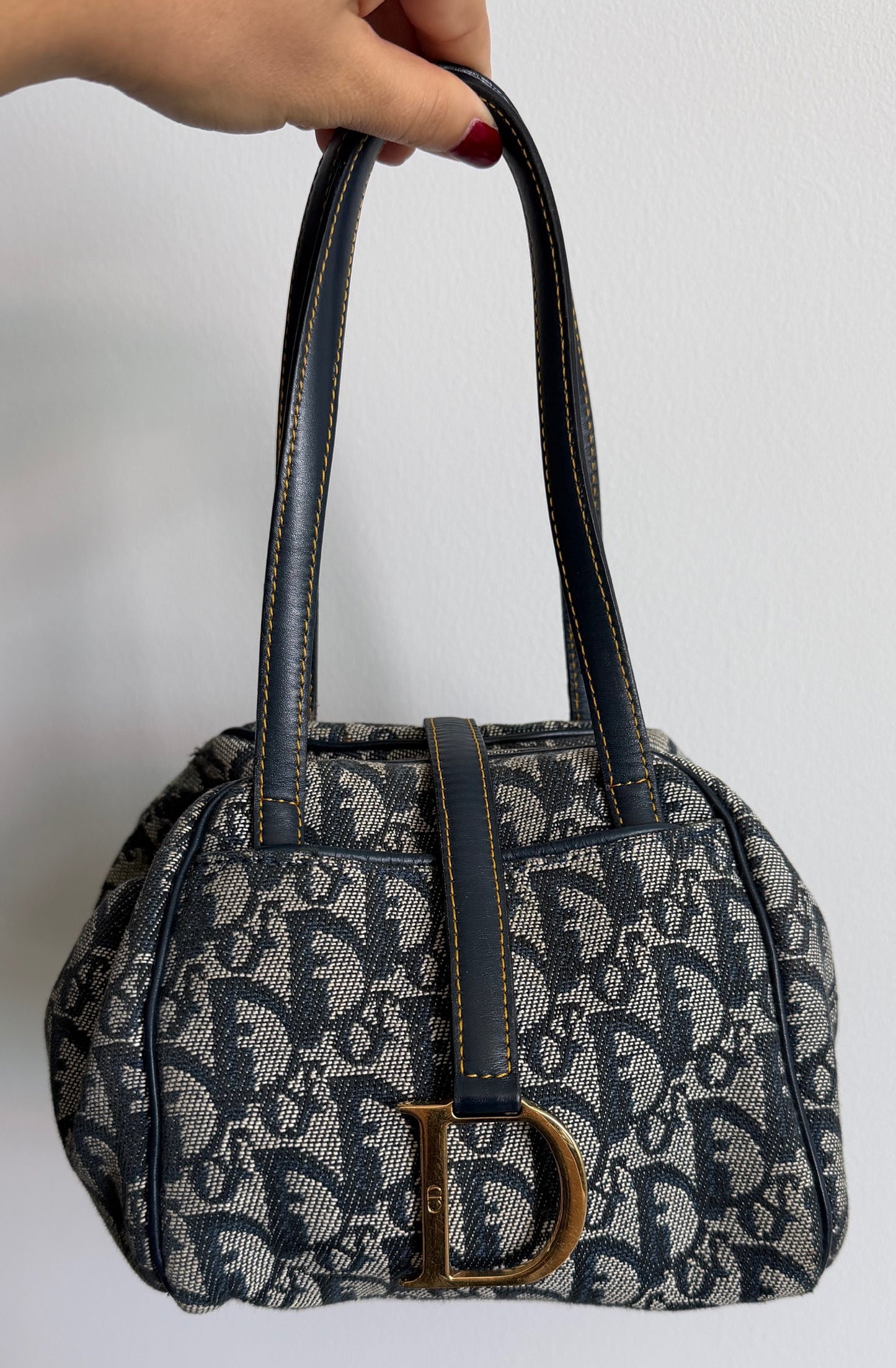 Dior Vintage Navy Blue Trotter Monogram Mini Origami Top Handle Bag