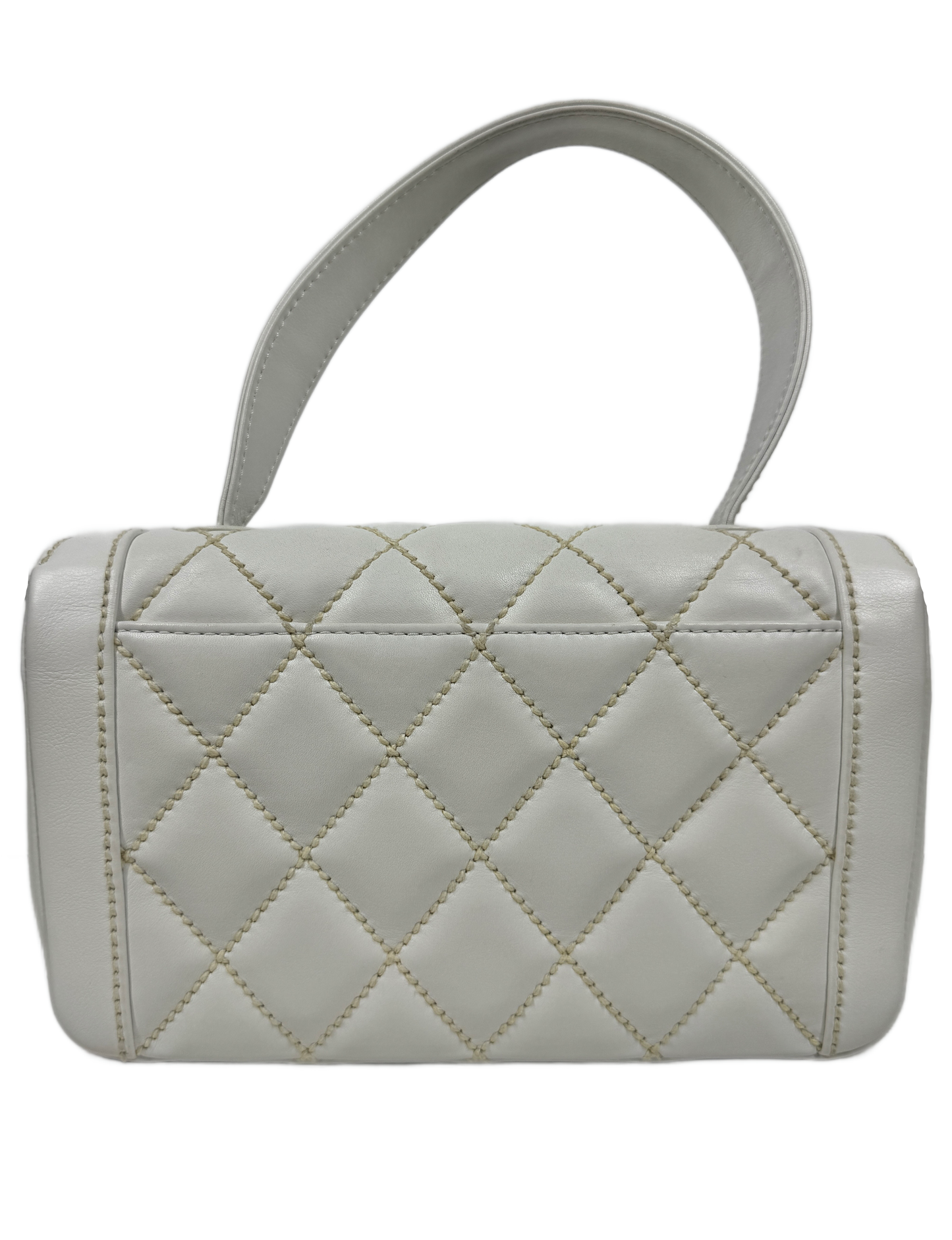 Chanel Vintage 2005 White Quilted Calfskin Leather Wild Stitch Medium Top Handle Classic Flap Bag w 24K Gold Plated Hardware