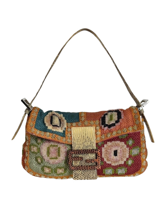 Fendi Vintage Fall 1999 Orange Multi-color Watermelon Needle Point Beaded Shoulder Baguette Bag with Lizard Trim