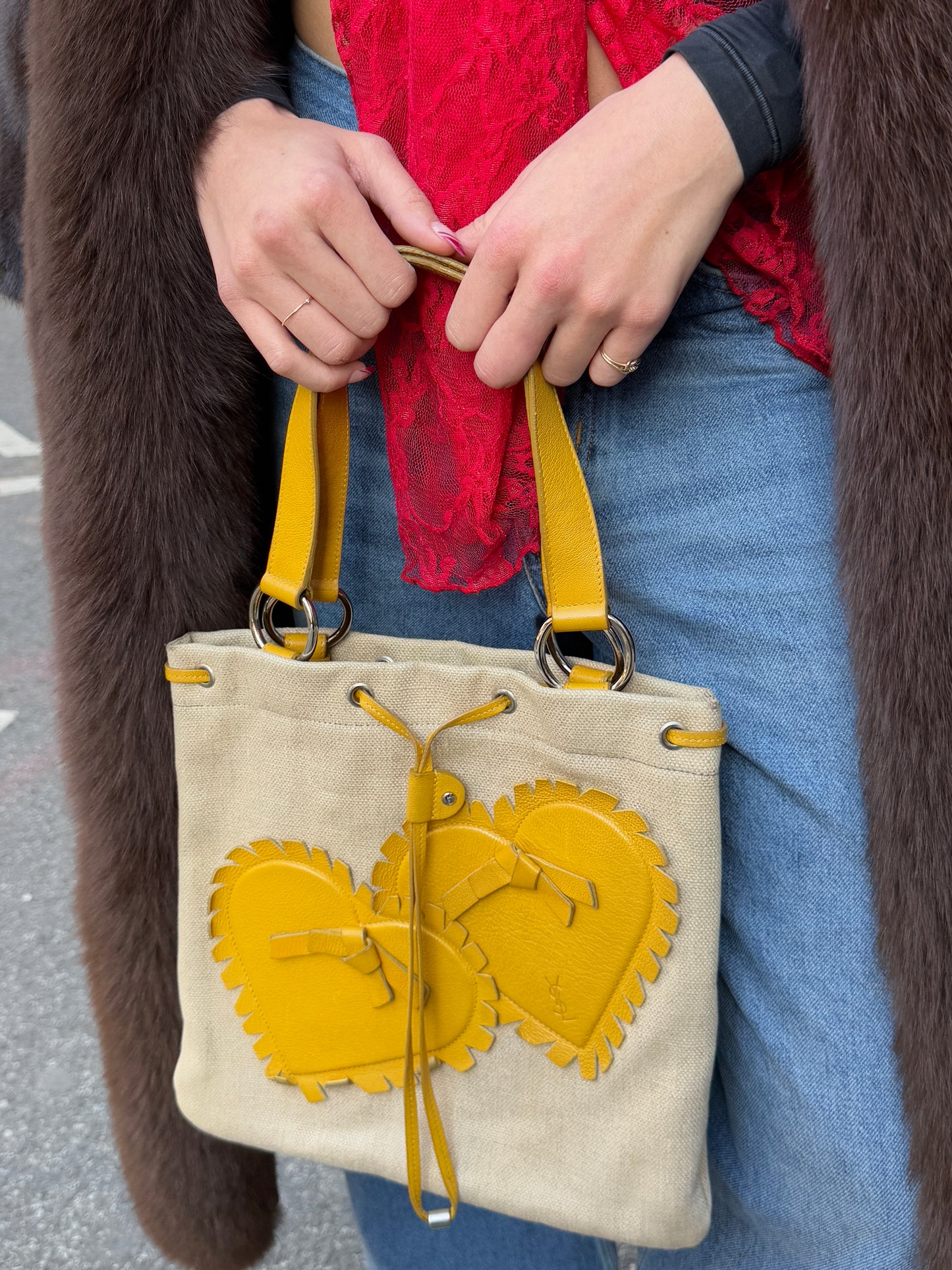 YSL / Yves Saint Laurent Vintage Yellow Leather & Canvas Heart Embellished Mini / Small Shoulder Tote Bag