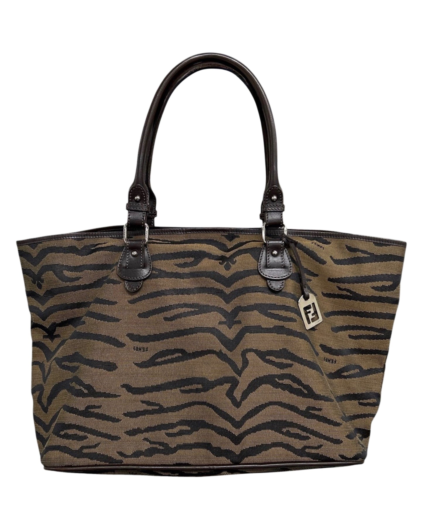 Fendi Vintage Brown Zebra Print Canvas Brown Leather Trim Shoulder Tote Bag  