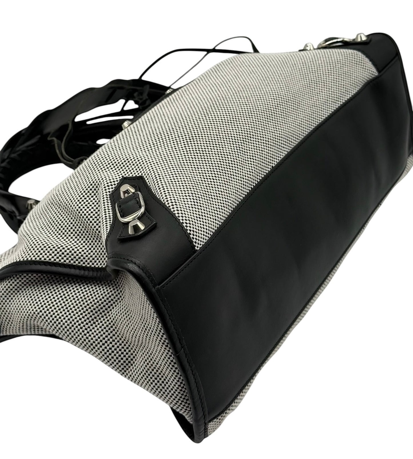 Balenciaga Black & White Canvas Leather Trim Motocross Classic Medium City Bag
