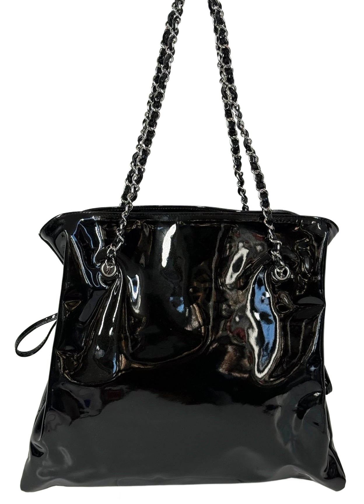 Chanel Vintage Black Patent Leather CC Crystal Embellished Bon Bon Chain Tote Shoulder Bag