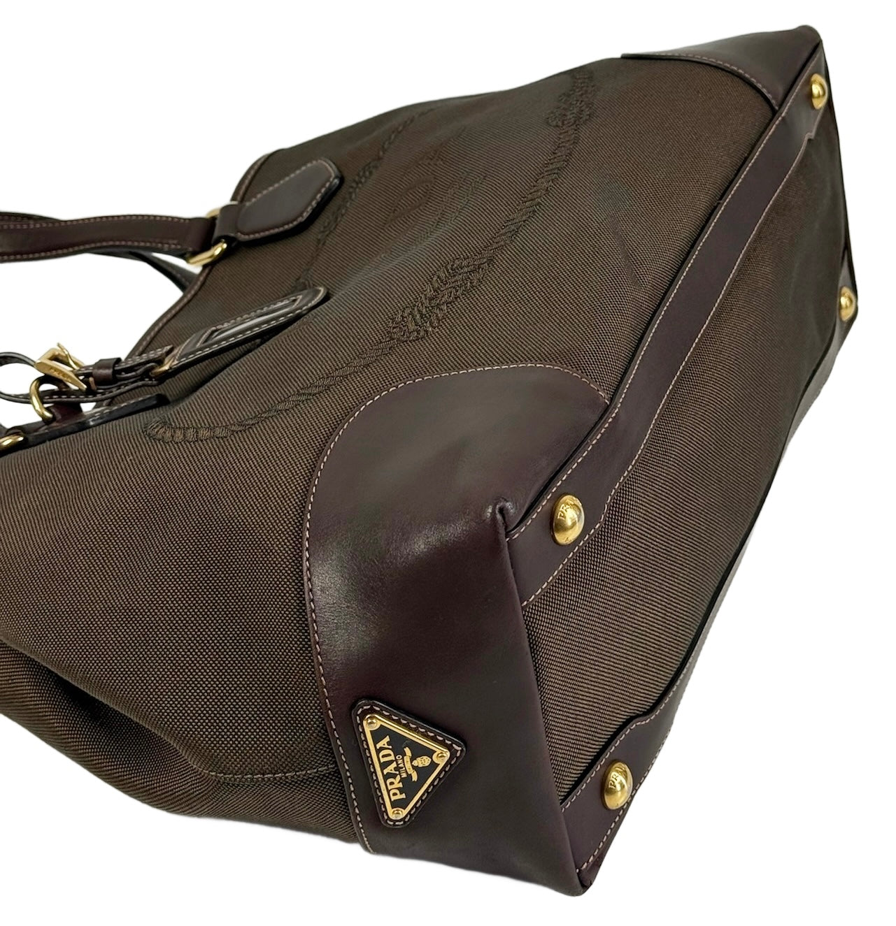 Prada Vintage Brown Jacquard Canapa Canvas Medium Shoulder Tote Bag