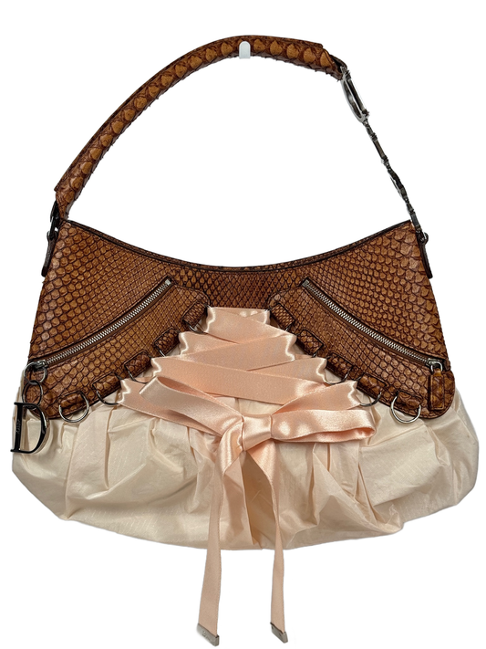 Dior by John Galliano Vintage 2004 Pink Nylon Satin Lace Up Ballerina Corset Bag w Brown Snakeskin Trim