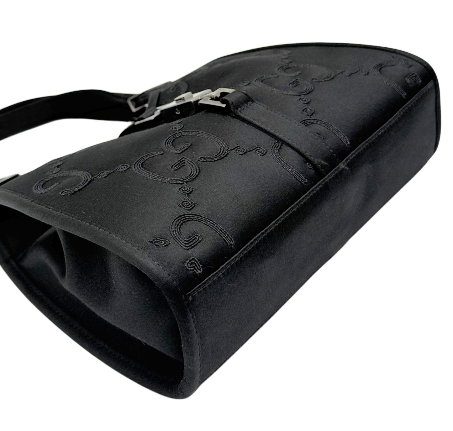 Gucci Vintage Black Satin Embroidered GG Monogram Mini Jackie Evening Bag