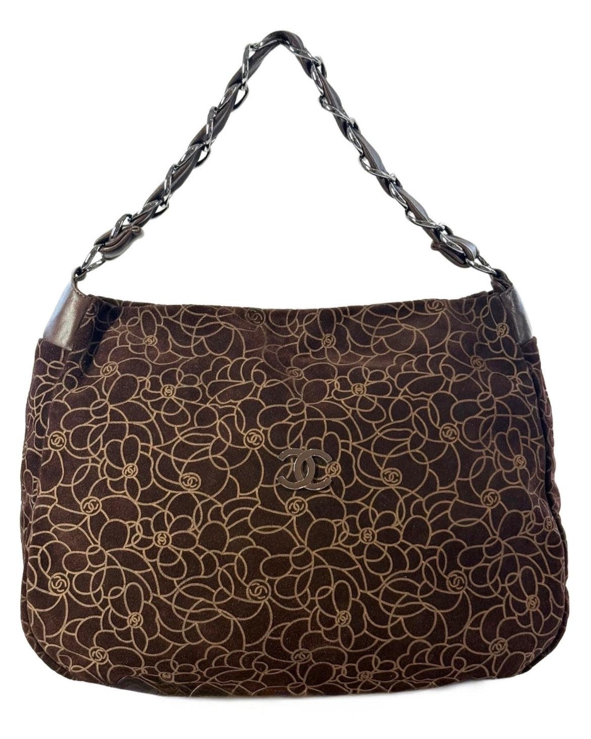 Chanel Vintage 00s Brown Suede Camellia Embossed Hobo