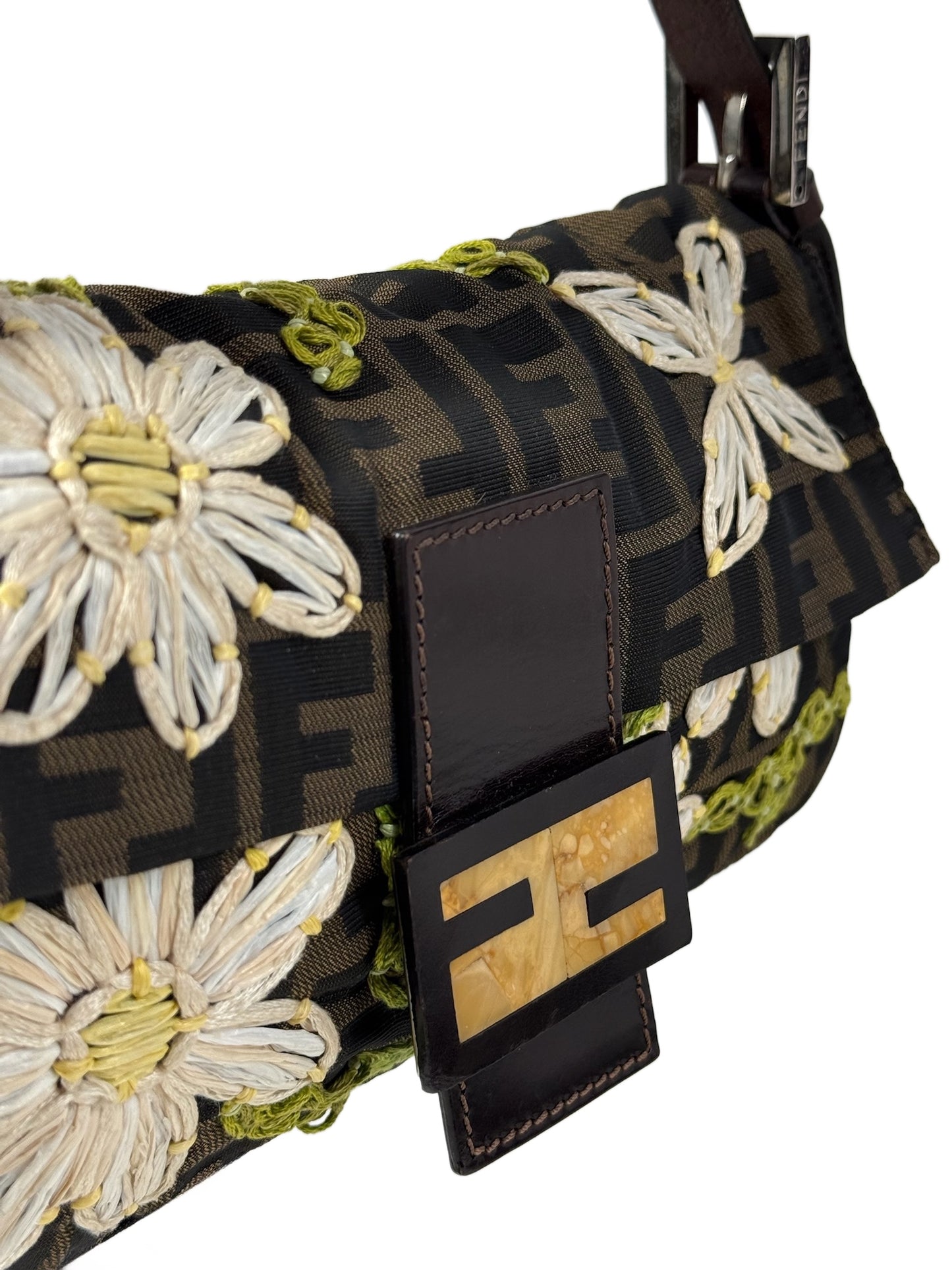 Fendi Vintage Brown Monogram Floral Embroidered Tulle Zucca Monogram Shoulder Baguette Bag