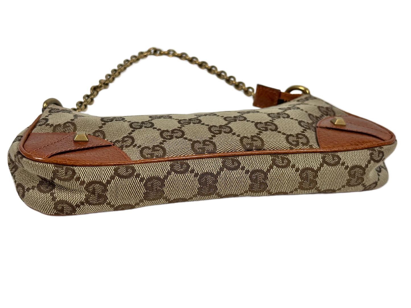 Gucci Vintage Brown GG Monogram Canvas Orange Leather Trim Chain Link Studded Shoulder Pochette Bag