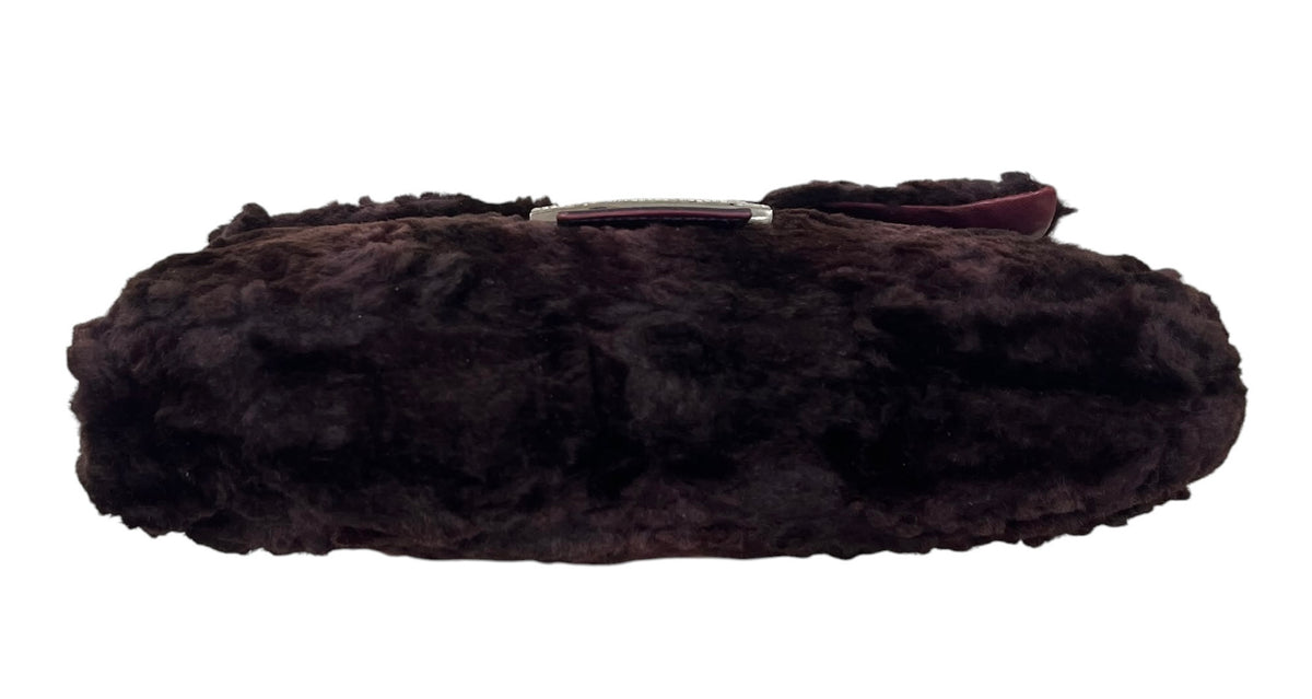 Fendi Vintage Purple Rabbit Fur Pink Lizard Trim Crystal Logo Shoulder Baguette Bag