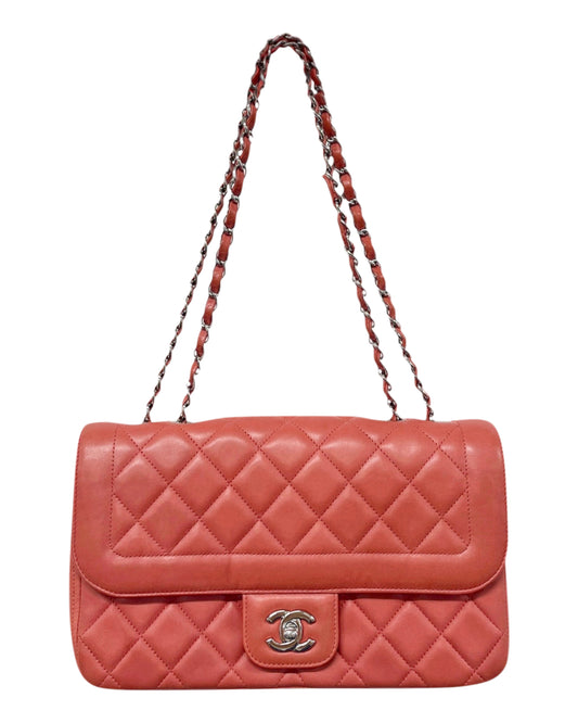 Chanel 2011 Coral Pink/Orange Medium Coco Rider Single Flap Bag with Silver Hardware