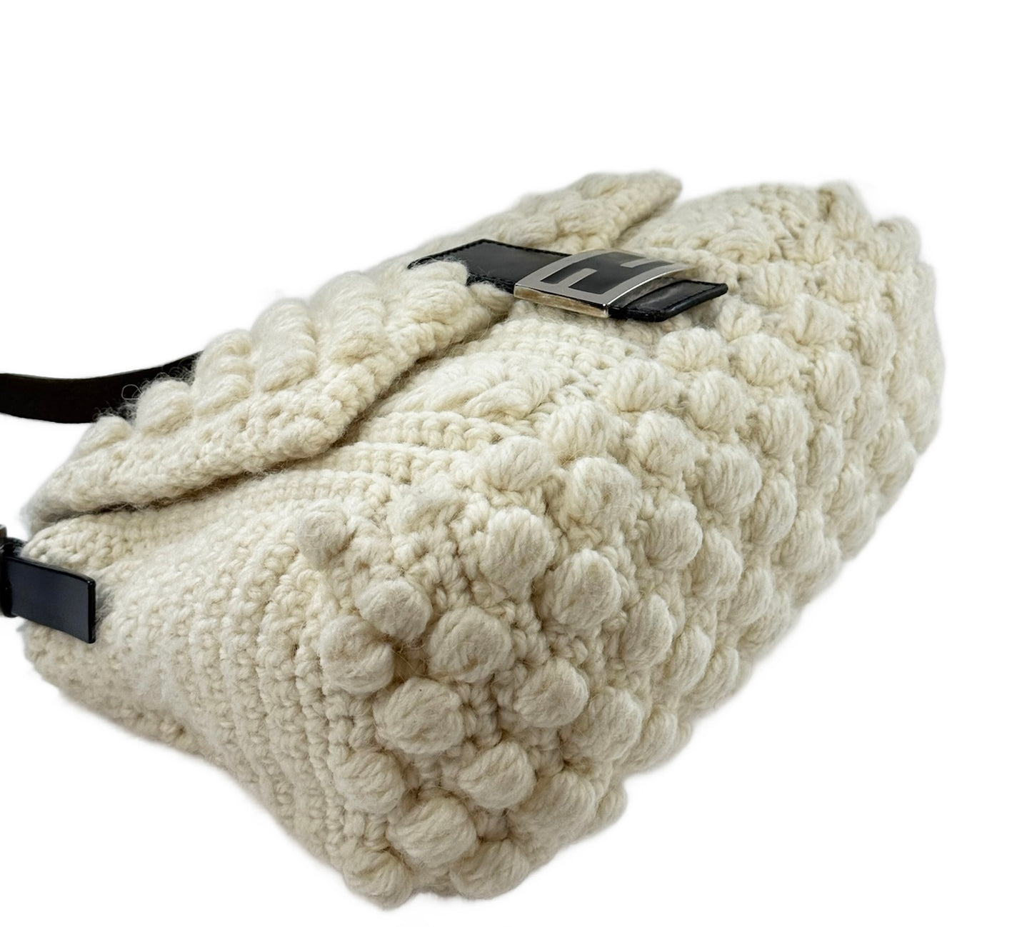 Fendi Vintage Ivory Crochet Knit Mamma Shoulder Baguette Bag