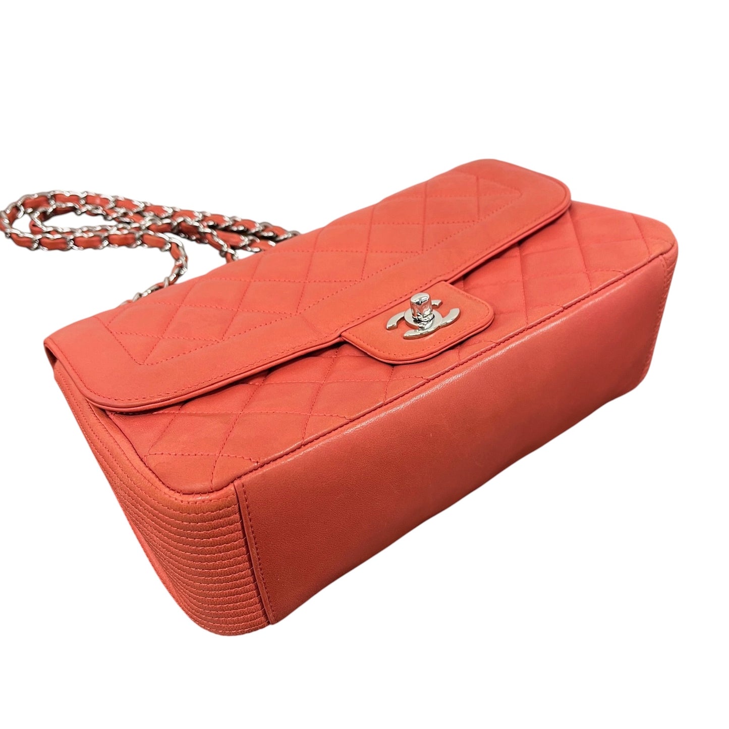 Chanel 2011 Coral Pink/Orange Medium Coco Rider Single Flap Bag with Silver Hardware