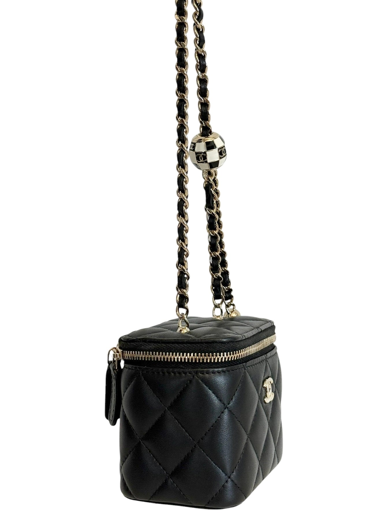 Chanel Black Quilted Lambskin Pearl Crush Vanity with Checkered Ball
