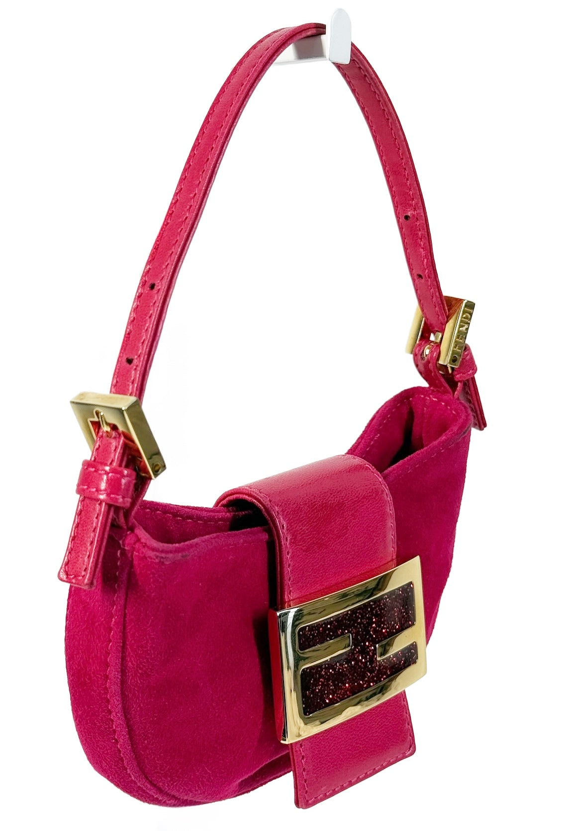 Fendi Vintage Hot Pink Suede Glitter Logo Mini Croissant Baguette Bag