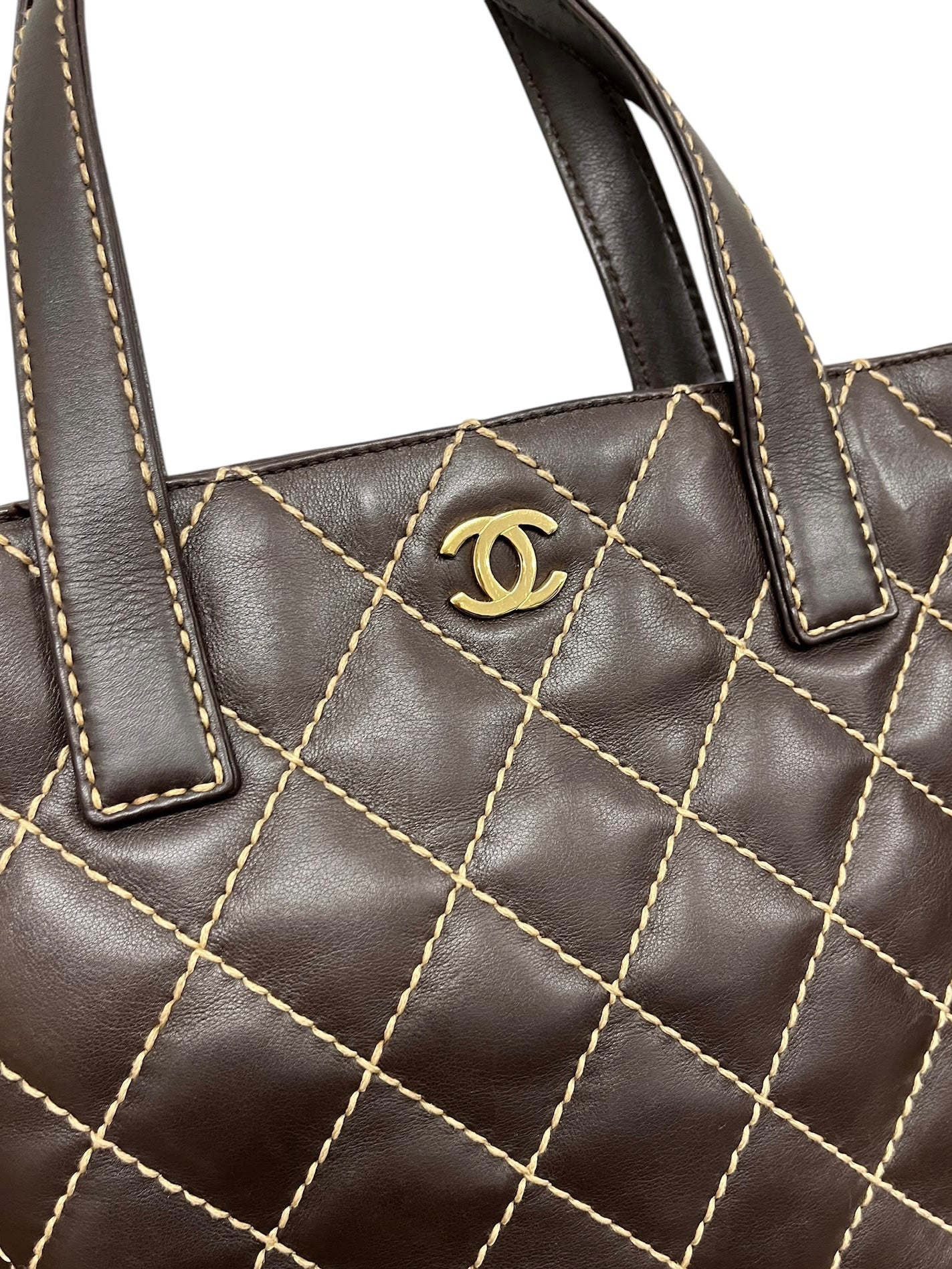 Chanel Vintage 00s Dark Brown Wild Stitch Quilted Lambskin Small Shoulder Tote 