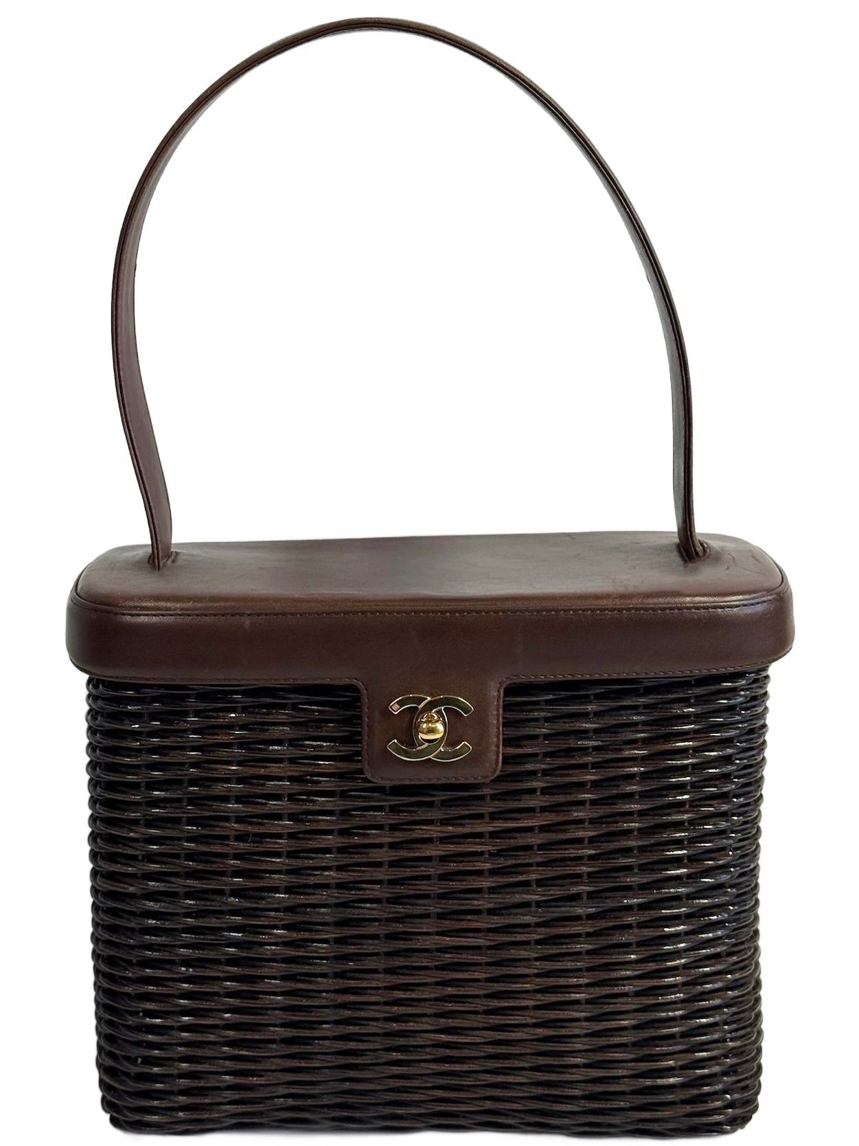 Chanel Vintage 1999 Dark Brown Wicker Rattan Picnic Basket Lambskin Trim Top Handle Shoulder Bag w 24K GPHW