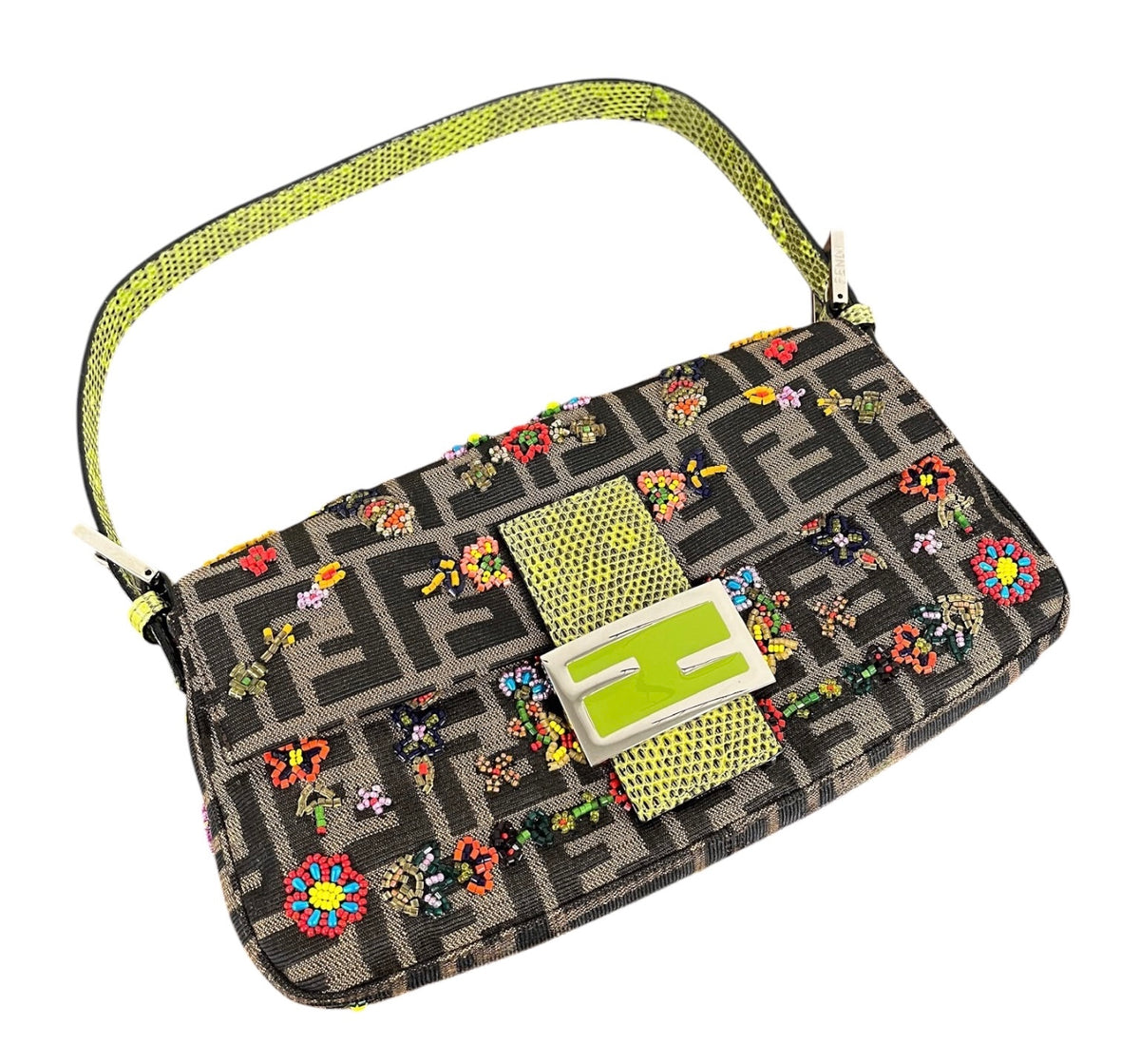Fendi Vintage Brown Zucca Monogram Floral Beaded Green Lizard Trim Shoulder Baguette Bag