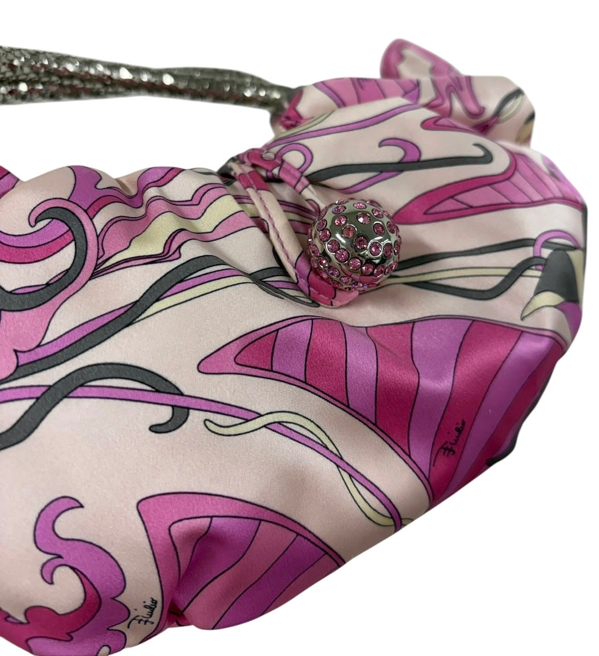 Pucci Vintage Pink & Gray Satin Crystal Ball Mini Top Handle Pochette